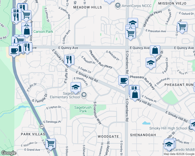 map of restaurants, bars, coffee shops, grocery stores, and more near in Aurora