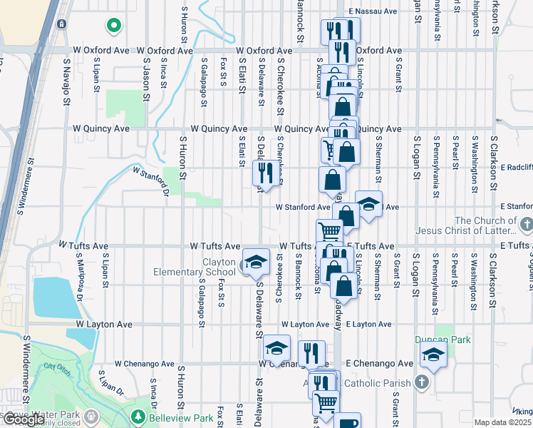 map of restaurants, bars, coffee shops, grocery stores, and more near 4520 South Delaware Street in Englewood