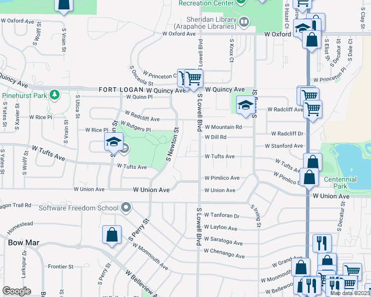 map of restaurants, bars, coffee shops, grocery stores, and more near 4593 West Tufts Avenue in Englewood