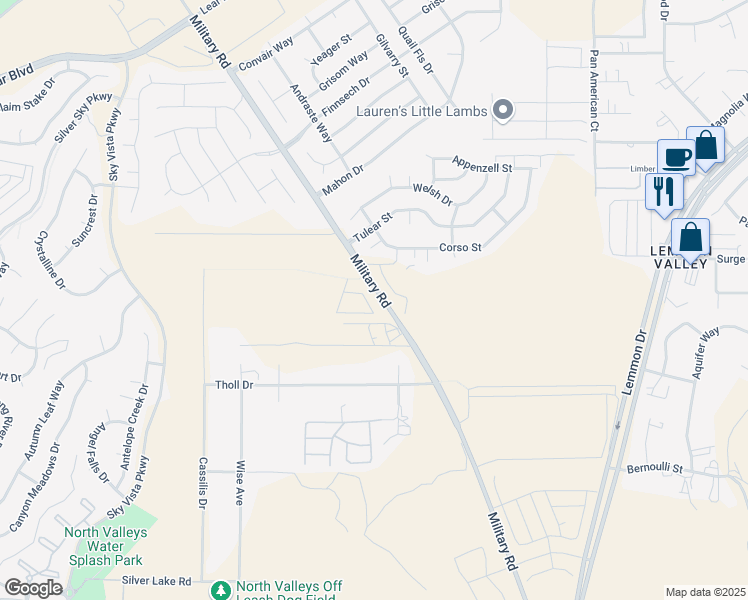map of restaurants, bars, coffee shops, grocery stores, and more near 10200 Military Road in Reno