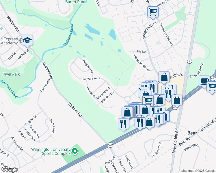 map of restaurants, bars, coffee shops, grocery stores, and more near 201 Marjoram Drive in Bear