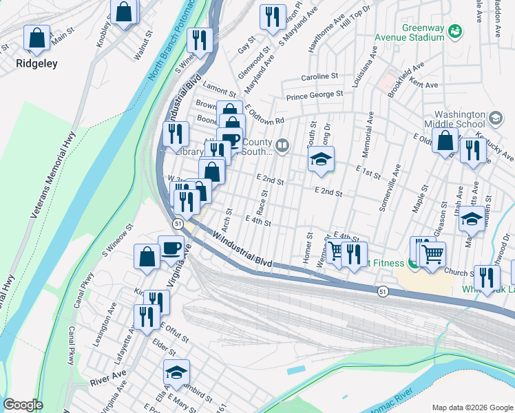 map of restaurants, bars, coffee shops, grocery stores, and more near 308 Race Street in Cumberland