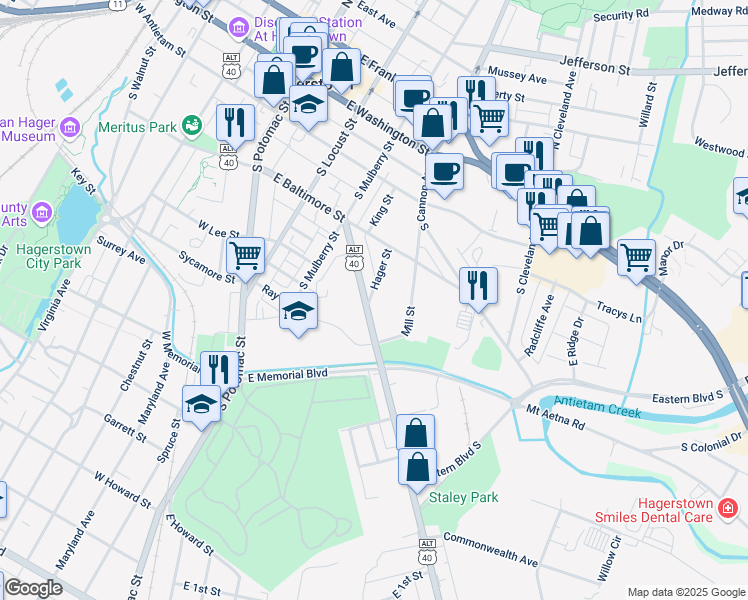 map of restaurants, bars, coffee shops, grocery stores, and more near 262 Hager Street in Hagerstown