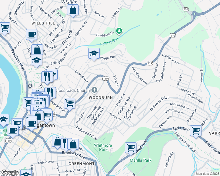 map of restaurants, bars, coffee shops, grocery stores, and more near 995 Willey Street in Morgantown