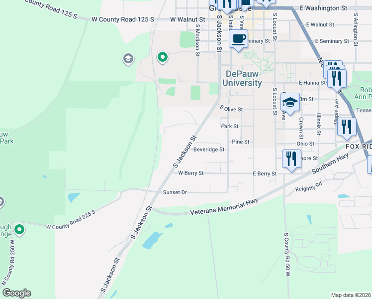 map of restaurants, bars, coffee shops, grocery stores, and more near South Jackson Street in Greencastle