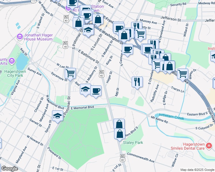 map of restaurants, bars, coffee shops, grocery stores, and more near 260 Hager Street in Hagerstown