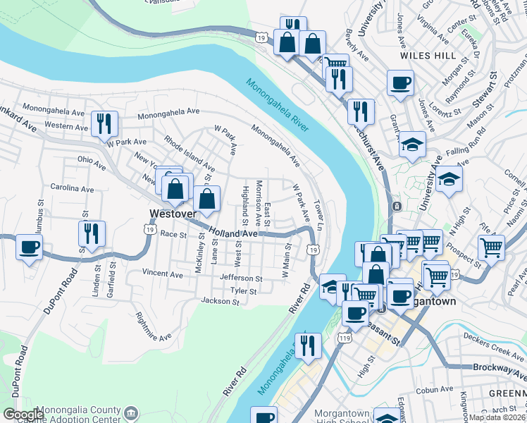 map of restaurants, bars, coffee shops, grocery stores, and more near 22 Highland Street in Morgantown