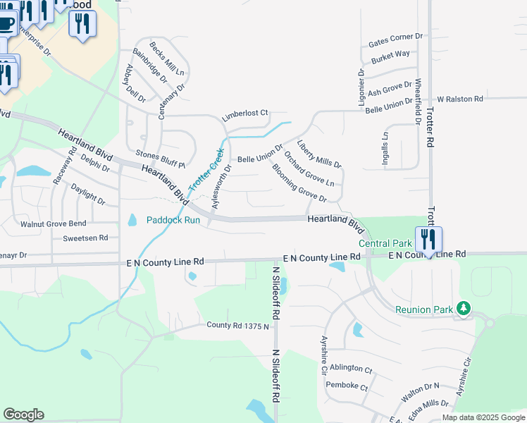 map of restaurants, bars, coffee shops, grocery stores, and more near 8827 Browns Valley Court in Indianapolis