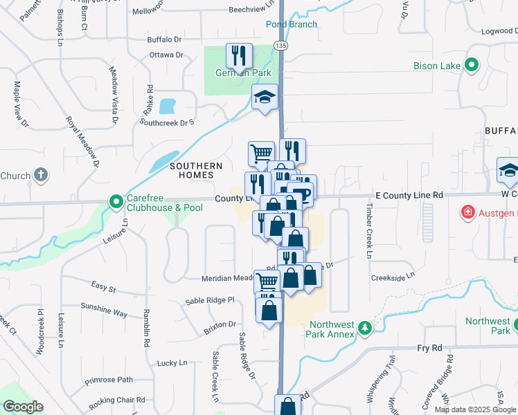 map of restaurants, bars, coffee shops, grocery stores, and more near 3219 West County Line Road in Greenwood