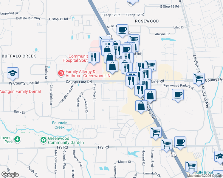 map of restaurants, bars, coffee shops, grocery stores, and more near 921 Parliament Place in Greenwood