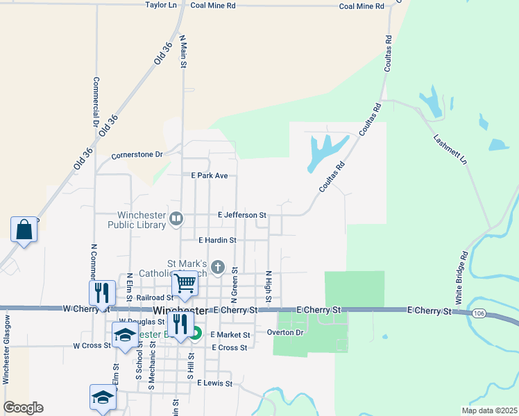 map of restaurants, bars, coffee shops, grocery stores, and more near 264-292 E Jefferson St in Winchester