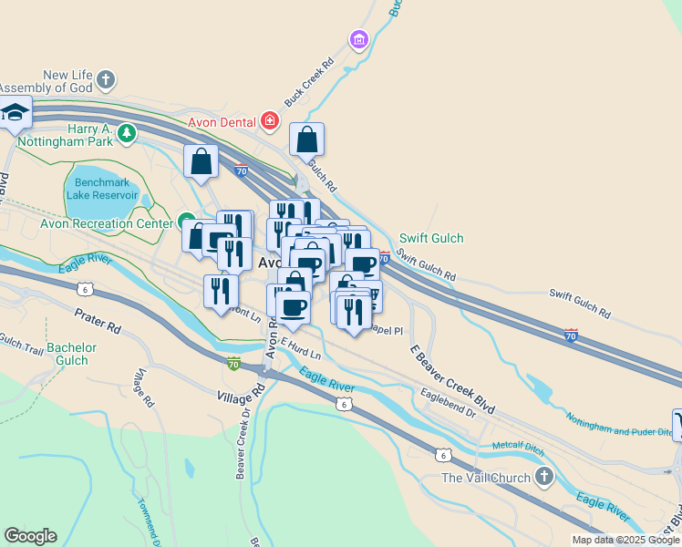 map of restaurants, bars, coffee shops, grocery stores, and more near 71 East Beaver Creek Boulevard in Avon