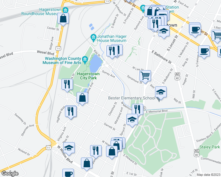 map of restaurants, bars, coffee shops, grocery stores, and more near 435 Guilford Avenue in Hagerstown