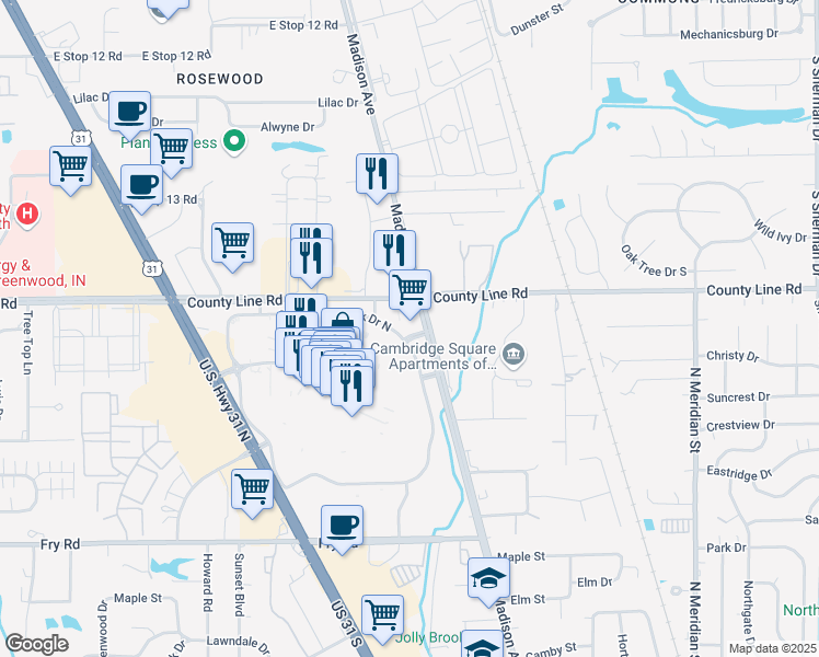 map of restaurants, bars, coffee shops, grocery stores, and more near 1266 Madison Avenue in Greenwood