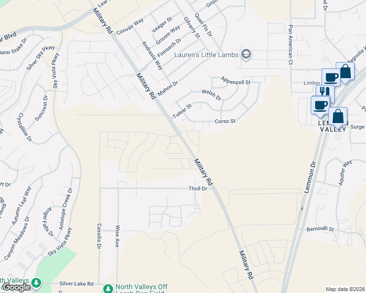 map of restaurants, bars, coffee shops, grocery stores, and more near 10200 Military Road in Reno