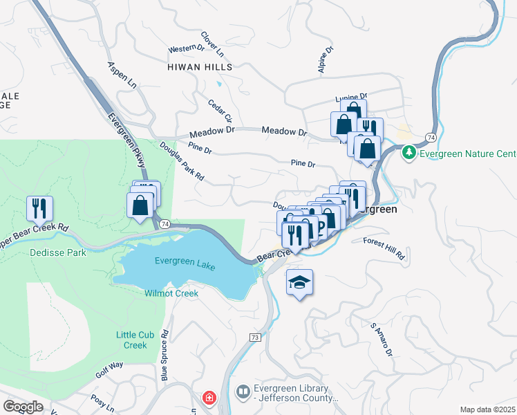 map of restaurants, bars, coffee shops, grocery stores, and more near 28380 Douglas Park Road in Evergreen