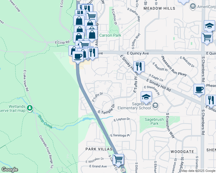 map of restaurants, bars, coffee shops, grocery stores, and more near 14076 East Stanford Circle in Aurora