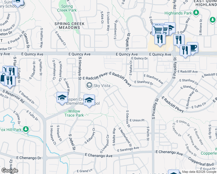 map of restaurants, bars, coffee shops, grocery stores, and more near 21031 East Stanford Lane in Aurora