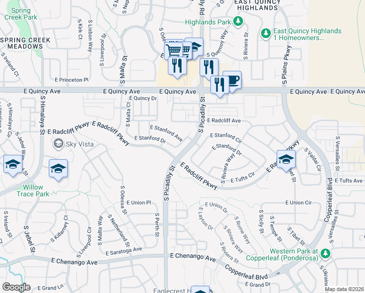 map of restaurants, bars, coffee shops, grocery stores, and more near 21395 East Stanford Drive in Aurora