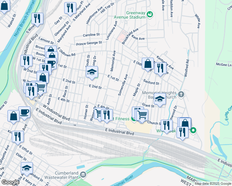 map of restaurants, bars, coffee shops, grocery stores, and more near 640 East 2nd Street in Cumberland