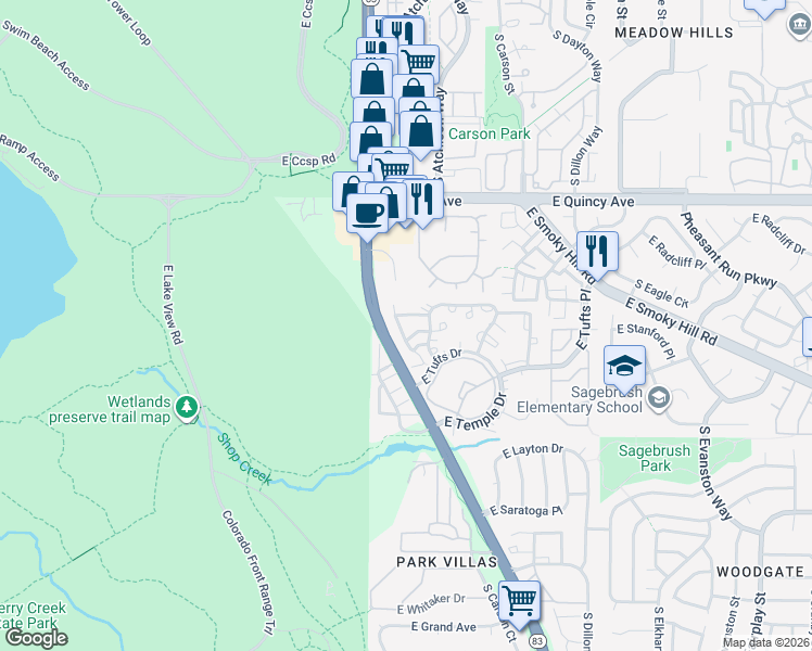 map of restaurants, bars, coffee shops, grocery stores, and more near 4524 South Auckland Court in Aurora