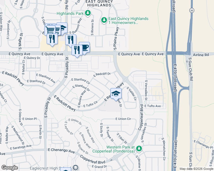 map of restaurants, bars, coffee shops, grocery stores, and more near 4486 South Tibet Street in Aurora