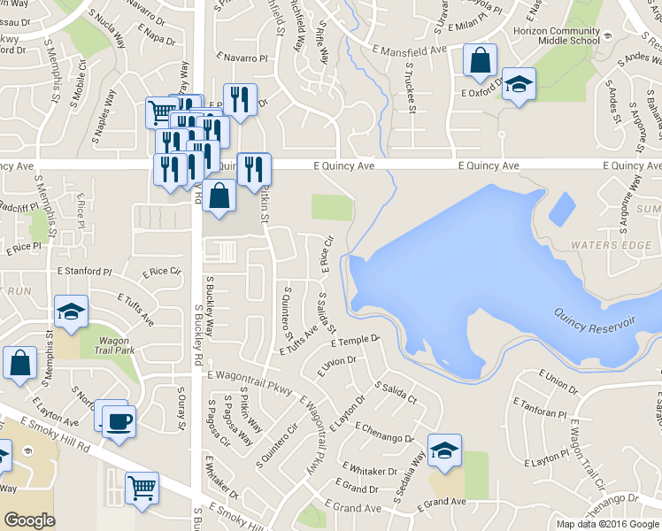 map of restaurants, bars, coffee shops, grocery stores, and more near 17488 East Rice Circle in Aurora