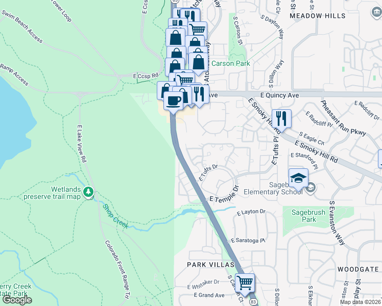 map of restaurants, bars, coffee shops, grocery stores, and more near 4524 South Auckland Court in Aurora