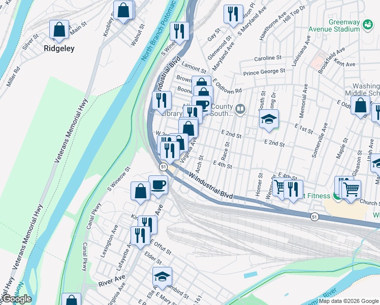 map of restaurants, bars, coffee shops, grocery stores, and more near 338 Virginia Avenue in Cumberland