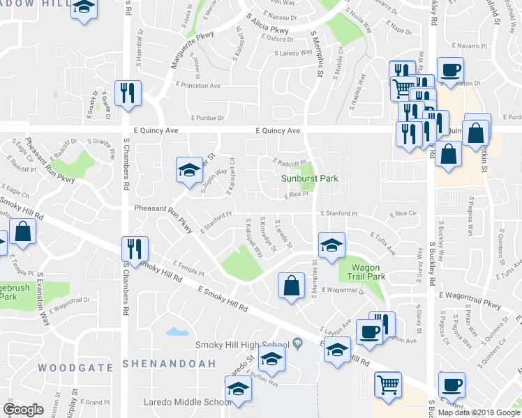 map of restaurants, bars, coffee shops, grocery stores, and more near 15993 East Stanford Place in Aurora