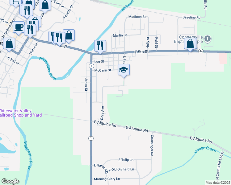 map of restaurants, bars, coffee shops, grocery stores, and more near 701 South Fountain Street in Connersville