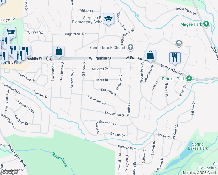 map of restaurants, bars, coffee shops, grocery stores, and more near 4102 Ridgetop Drive in Bellbrook