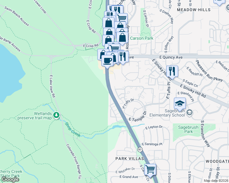 map of restaurants, bars, coffee shops, grocery stores, and more near 4505 South Auckland Court in Aurora