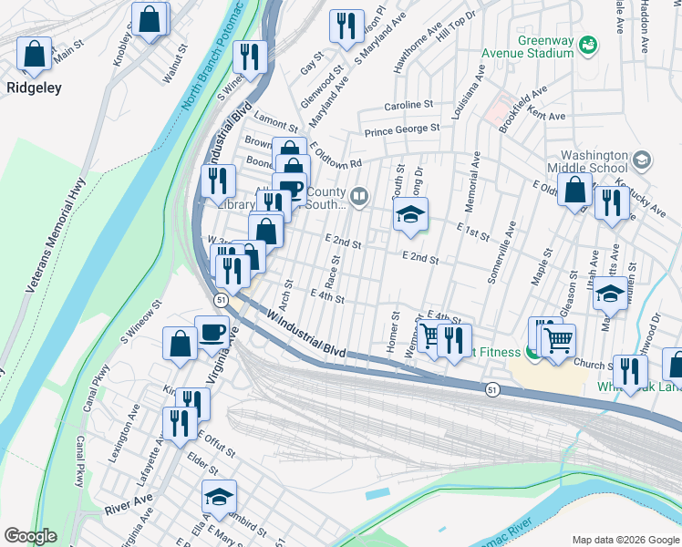 map of restaurants, bars, coffee shops, grocery stores, and more near Seymour St in Cumberland