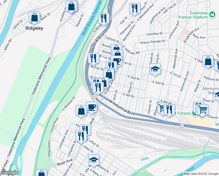 map of restaurants, bars, coffee shops, grocery stores, and more near 338 Virginia Avenue in Cumberland