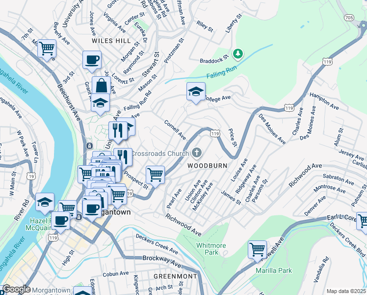 map of restaurants, bars, coffee shops, grocery stores, and more near 783 Willey Street in Morgantown
