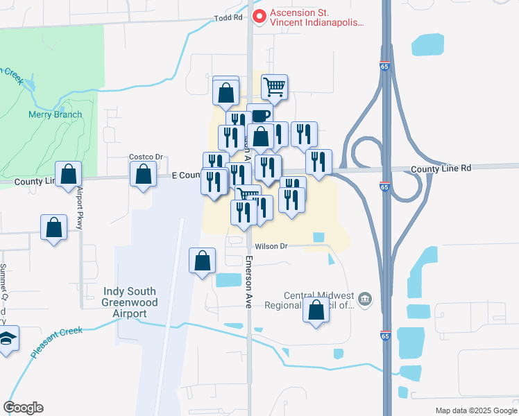 map of restaurants, bars, coffee shops, grocery stores, and more near 1267 North Emerson Avenue in Greenwood