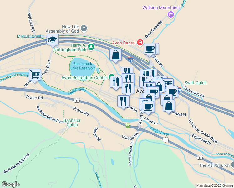 map of restaurants, bars, coffee shops, grocery stores, and more near 137 West Benchmark Road in Avon