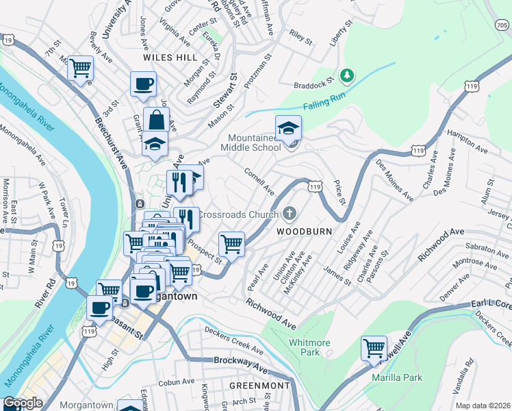 map of restaurants, bars, coffee shops, grocery stores, and more near 332 Burke Street in Morgantown