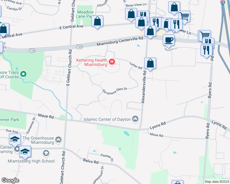 map of restaurants, bars, coffee shops, grocery stores, and more near 1521 Sycamore Hill Court in Miamisburg