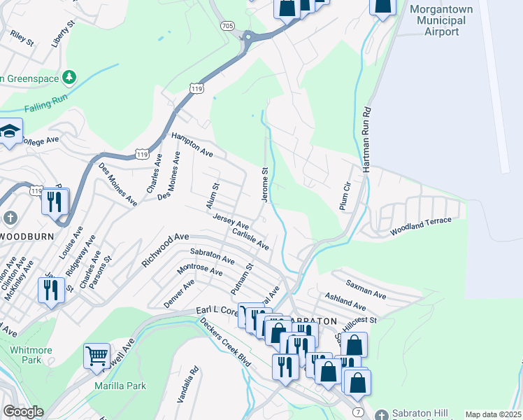 map of restaurants, bars, coffee shops, grocery stores, and more near 200 Jerome Street in Morgantown