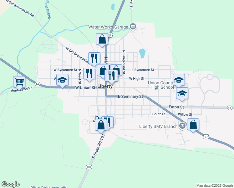 map of restaurants, bars, coffee shops, grocery stores, and more near 23 South Market Street in Liberty