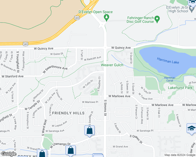 map of restaurants, bars, coffee shops, grocery stores, and more near 4581 South Swadley Court in Morrison