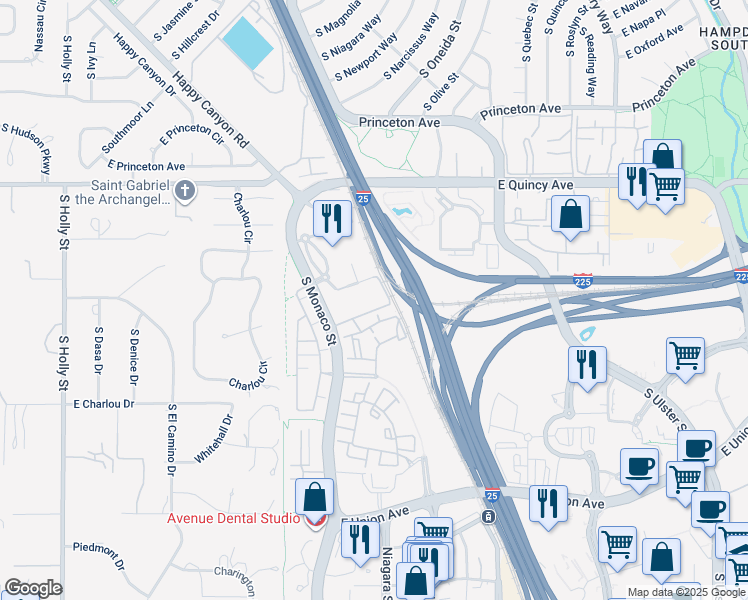 map of restaurants, bars, coffee shops, grocery stores, and more near 4380 South Monaco Street in Denver