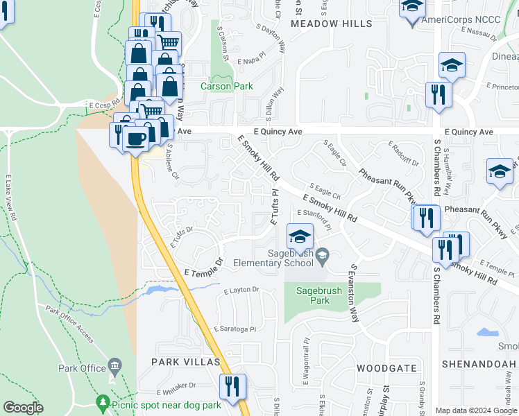 map of restaurants, bars, coffee shops, grocery stores, and more near 4552C South Crystal Way in Aurora