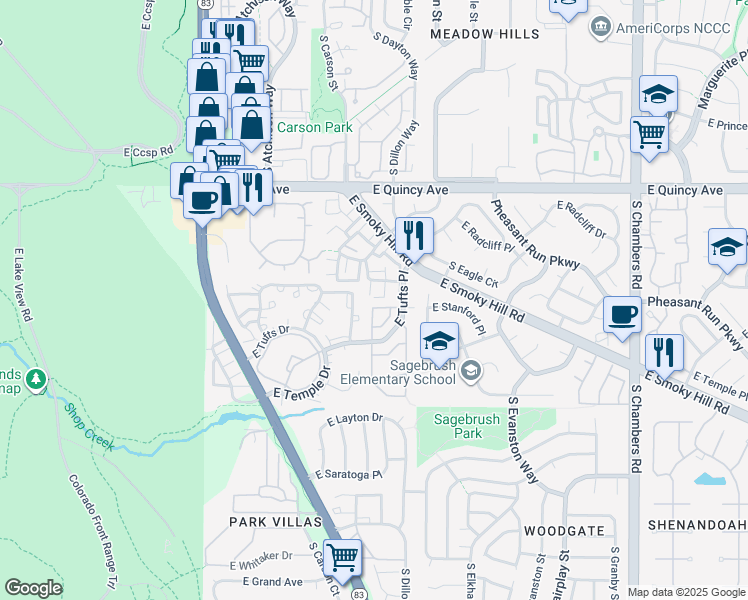 map of restaurants, bars, coffee shops, grocery stores, and more near 4552C South Crystal Way in Aurora