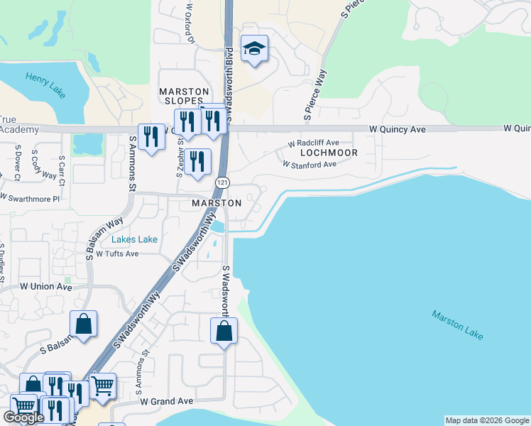 map of restaurants, bars, coffee shops, grocery stores, and more near 4760 South Wadsworth Boulevard in Denver