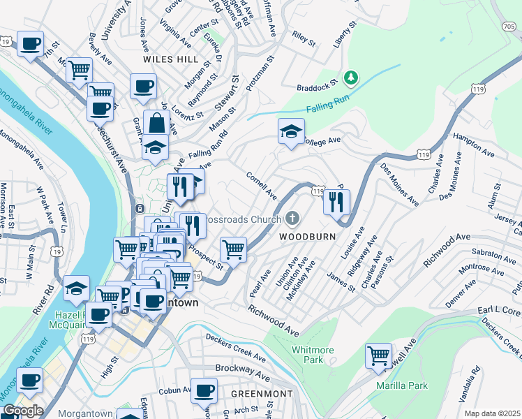map of restaurants, bars, coffee shops, grocery stores, and more near 820 Naomi Street in Morgantown