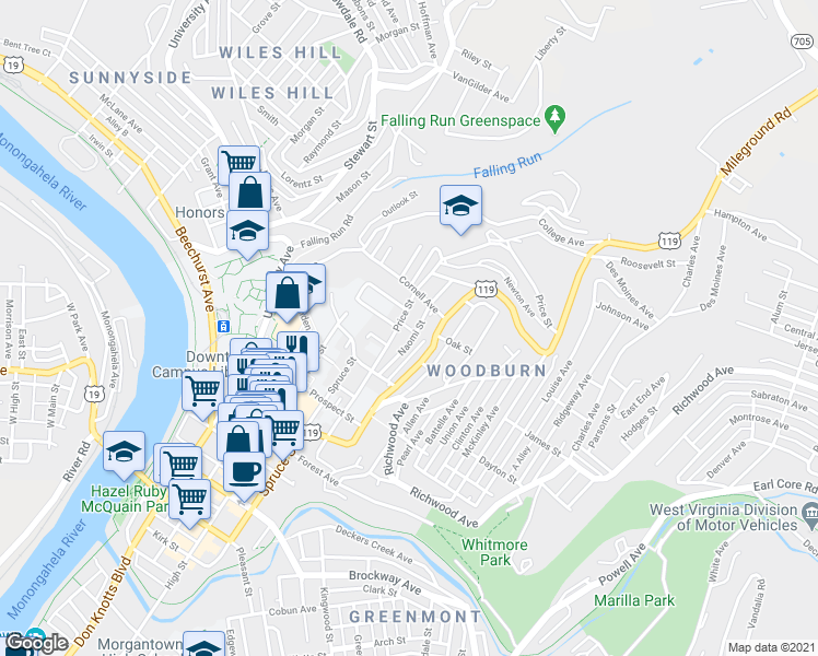 map of restaurants, bars, coffee shops, grocery stores, and more near 820 Naomi Street in Morgantown