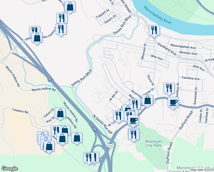 map of restaurants, bars, coffee shops, grocery stores, and more near 9-99 Woofter Ave in Westover